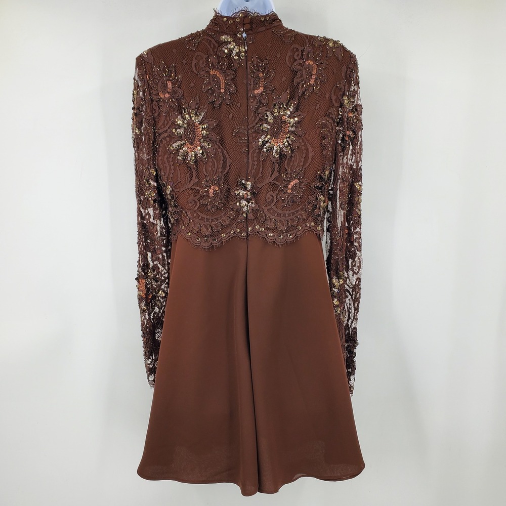 Jour Et Nuit Jackie Bernard Brown Beaded Lace Georgette Mock Neck Dress 4 Formal - Picture 4 of 10